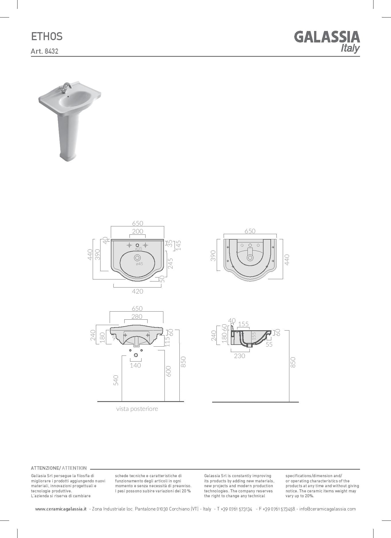 Ethos Lavabo 65x44 Galassia Ceramica