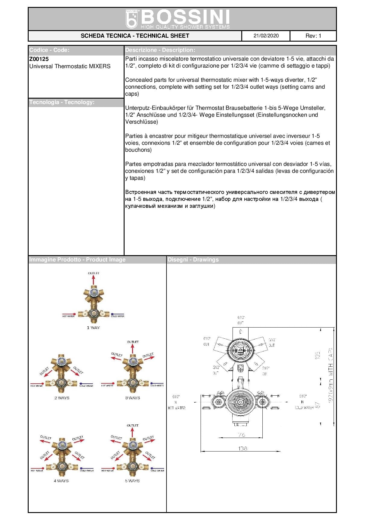 Bossini Apice miscelatore termostatico 2-5 vie completo